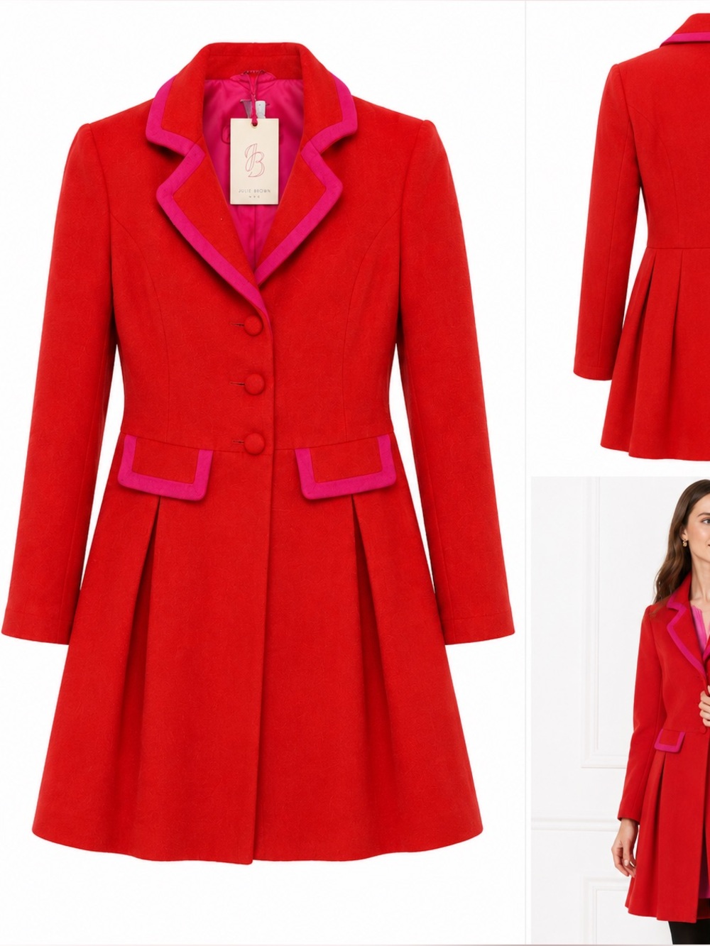 JB by Julie Brown Red Wool-Blend Pea Coat with Pink Trim